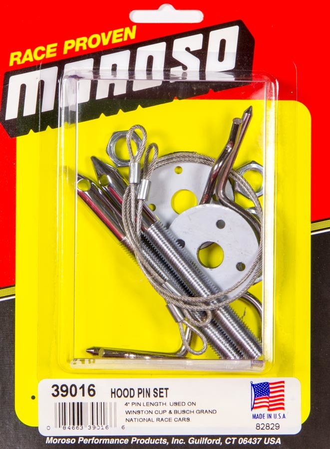 Moroso 39016 Hood Pin, Oval Track Hood Pin Set, 3/8 in OD x 4 in Long, 1-1/2 in OD Scuff Plates, Hairpin Clips, Lanyards, Hardware Included, Steel, Chrome, Kit