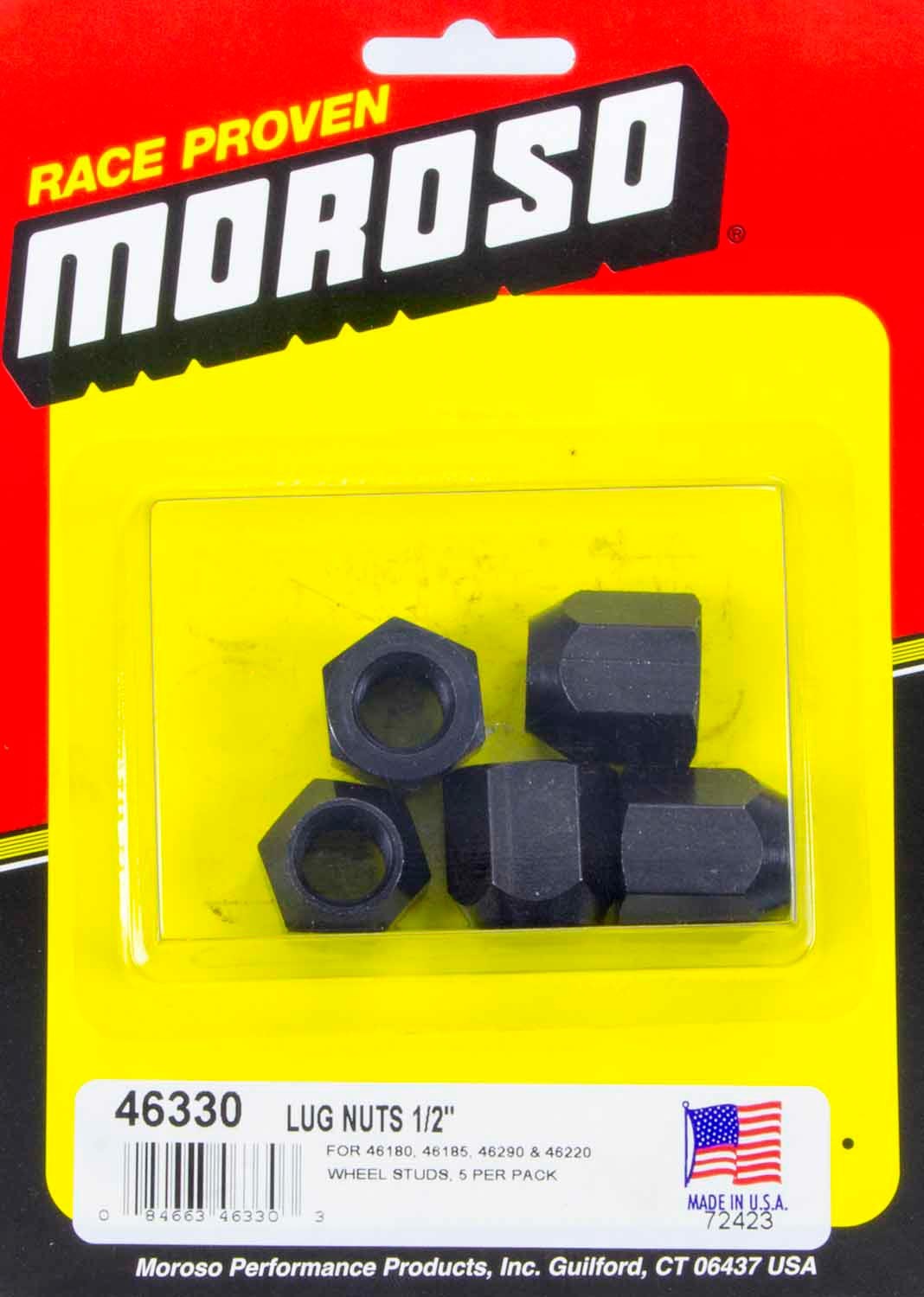 Moroso 46330 Lug Nut, 1/2-20 in Right Hand Thread, 3/4 in Hex Head, 60 Degree Seat, Open End, Steel, Black Oxide, Set of 5