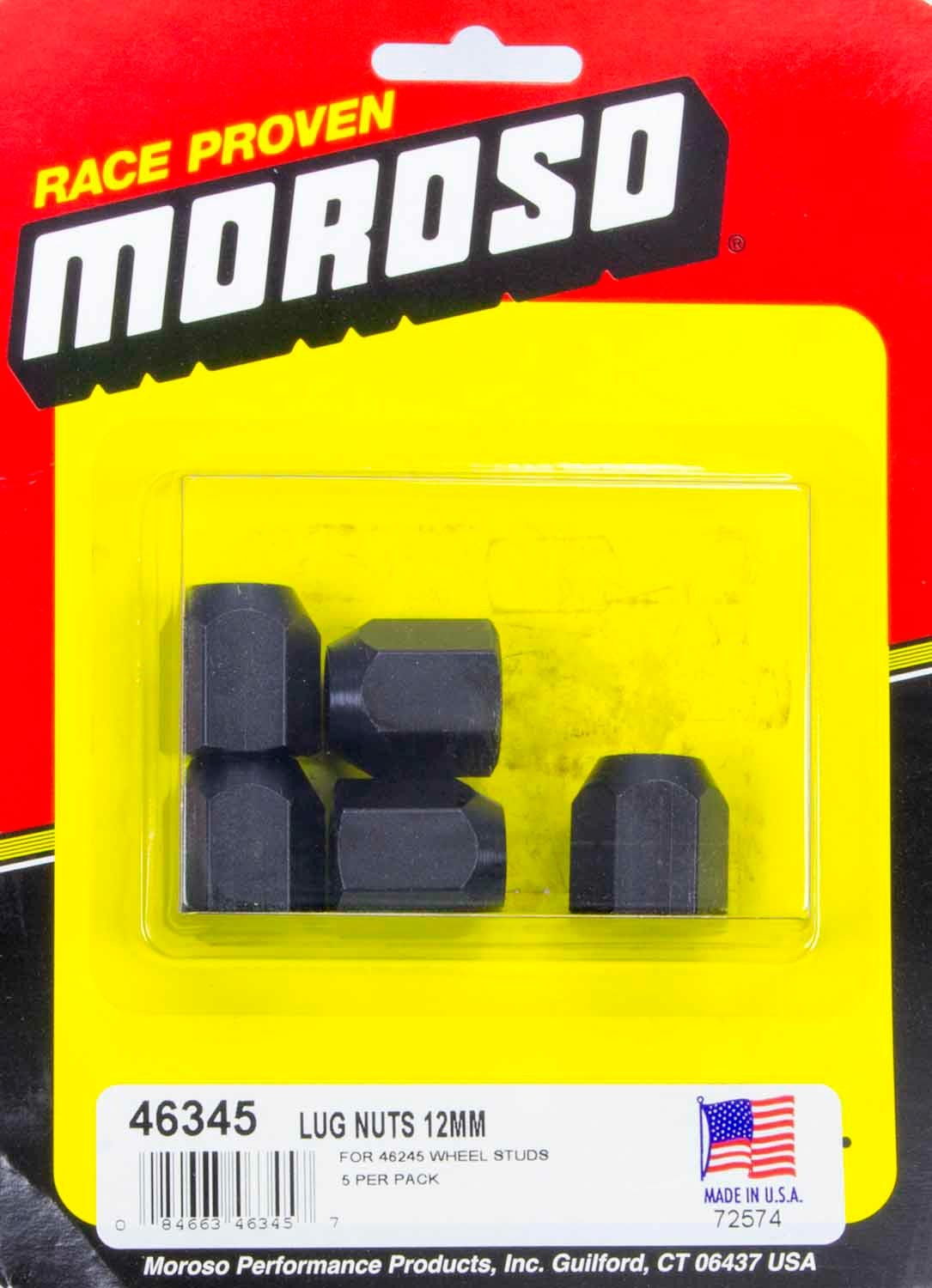 Moroso 46345 Lug Nut, 12 mm x 1.50 Right Hand Thread, 19 mm Hex Head, 60 Degree Seat, Open End, Steel, Black Oxide, Set of 5