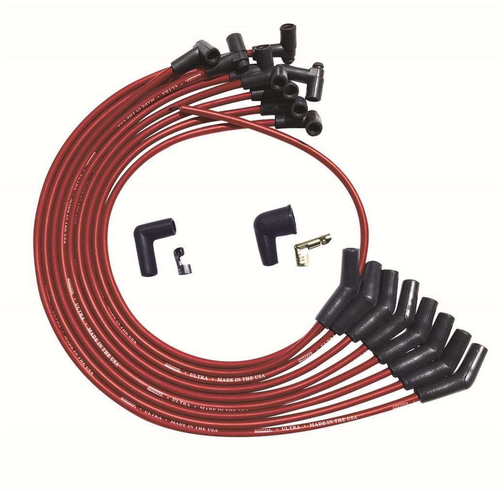 Moroso 52042 Spark Plug Wire Set, Ultra, Spiral Core, 8 mm, Red, 135 Degree Plug Boots, HEI Style Terminal, Over The Valve Cover, Big Block Chevy, Kit