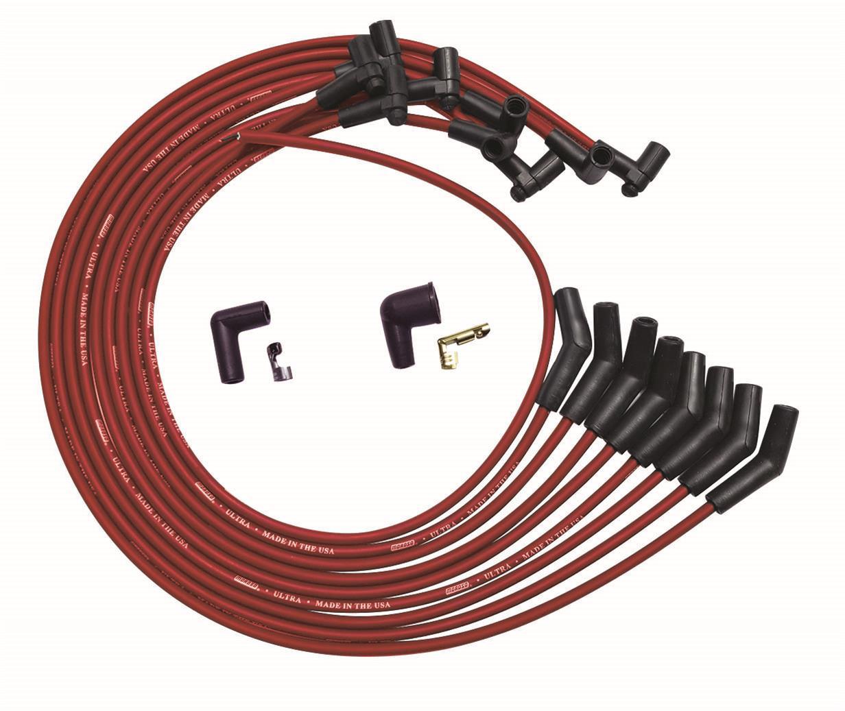 Moroso 52045 Spark Plug Wire Set, Ultra, Spiral Core, 8 mm, Red, 135 Degree Plug Boots, HEI Style Terminal, Under The Header, Big Block Chevy, Kit