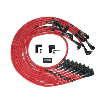 Moroso 52529 Spark Plug Wire Set, Ultra, Spiral Core, 8 mm, Sleeved, Red, 90 Degree Plug Boots, Socket Style, Under The Header, Small Block Chevy, Kit