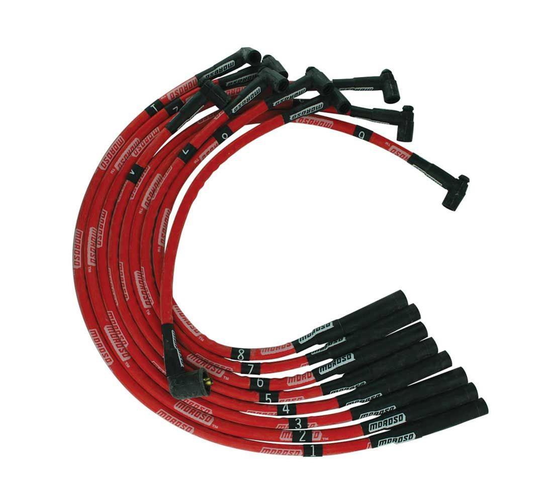 Moroso 52555 Spark Plug Wire Set, Ultra, Spiral Core, 8 mm, Sleeved, Red, Straight Plug Boots, HEI Style Terminal, Small Block Mopar, Kit