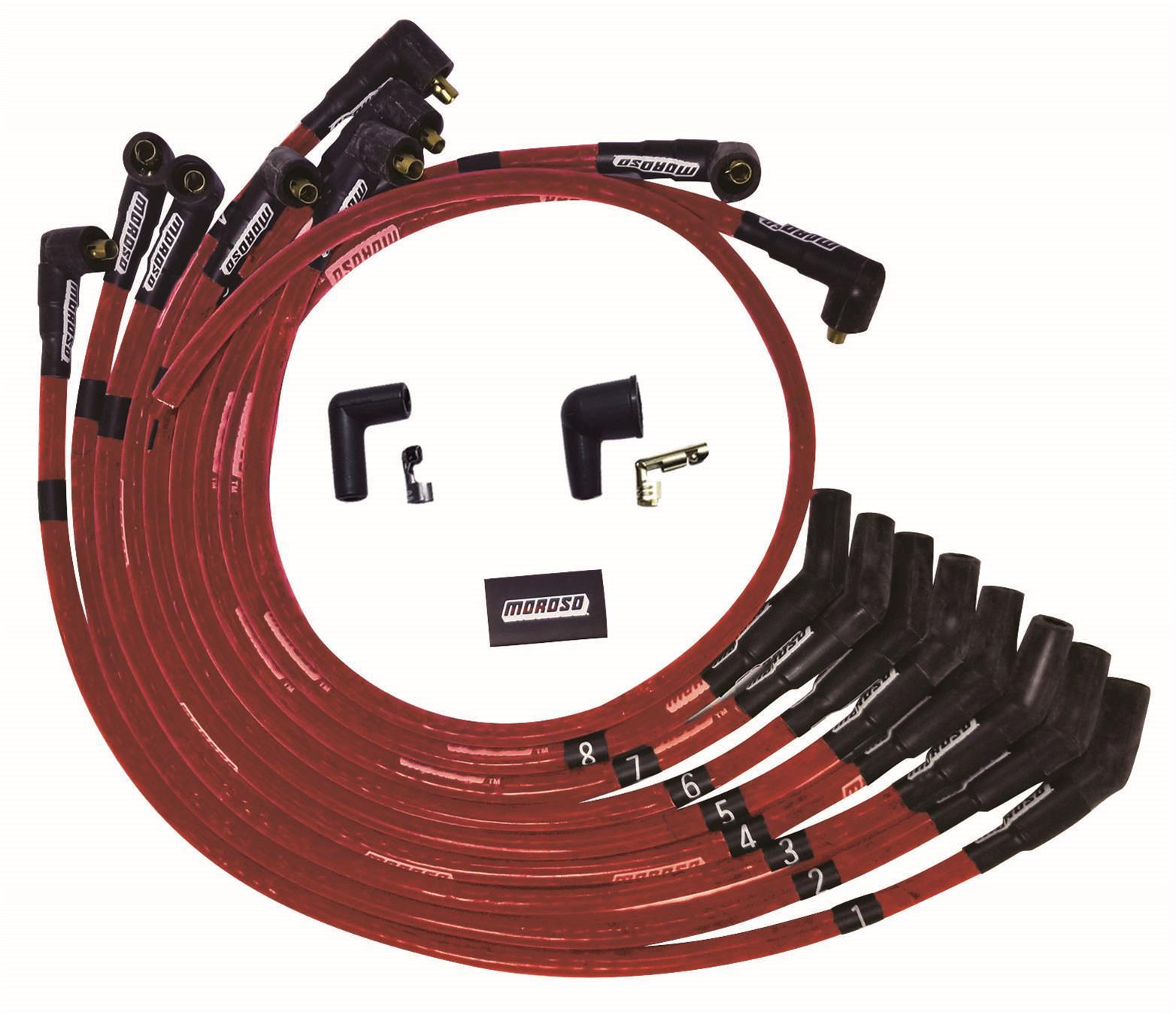 Moroso 52571 Spark Plug Wire Set, Ultra, Spiral Core, 8 mm, Sleeved, Red, 135 Degree Plug Boots, Socket Style, Small Block Ford, Kit