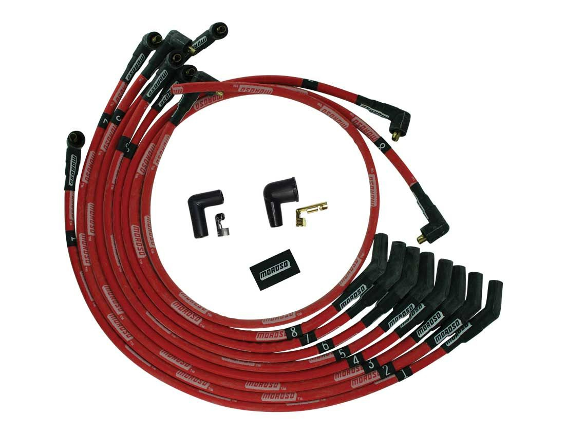 Moroso 52573 Spark Plug Wire Set, Ultra, Spiral Core, 8 mm, Sleeved, Red, 135 Degree Plug Boots, Socket Style, Small Block Ford, Kit