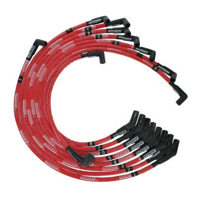 Moroso 52574 Spark Plug Wire Set, Ultra, Spiral Core, 8 mm, Sleeved, Red, 135 Degree Plug Boots, HEI Style Terminal, Big Block Ford, Kit
