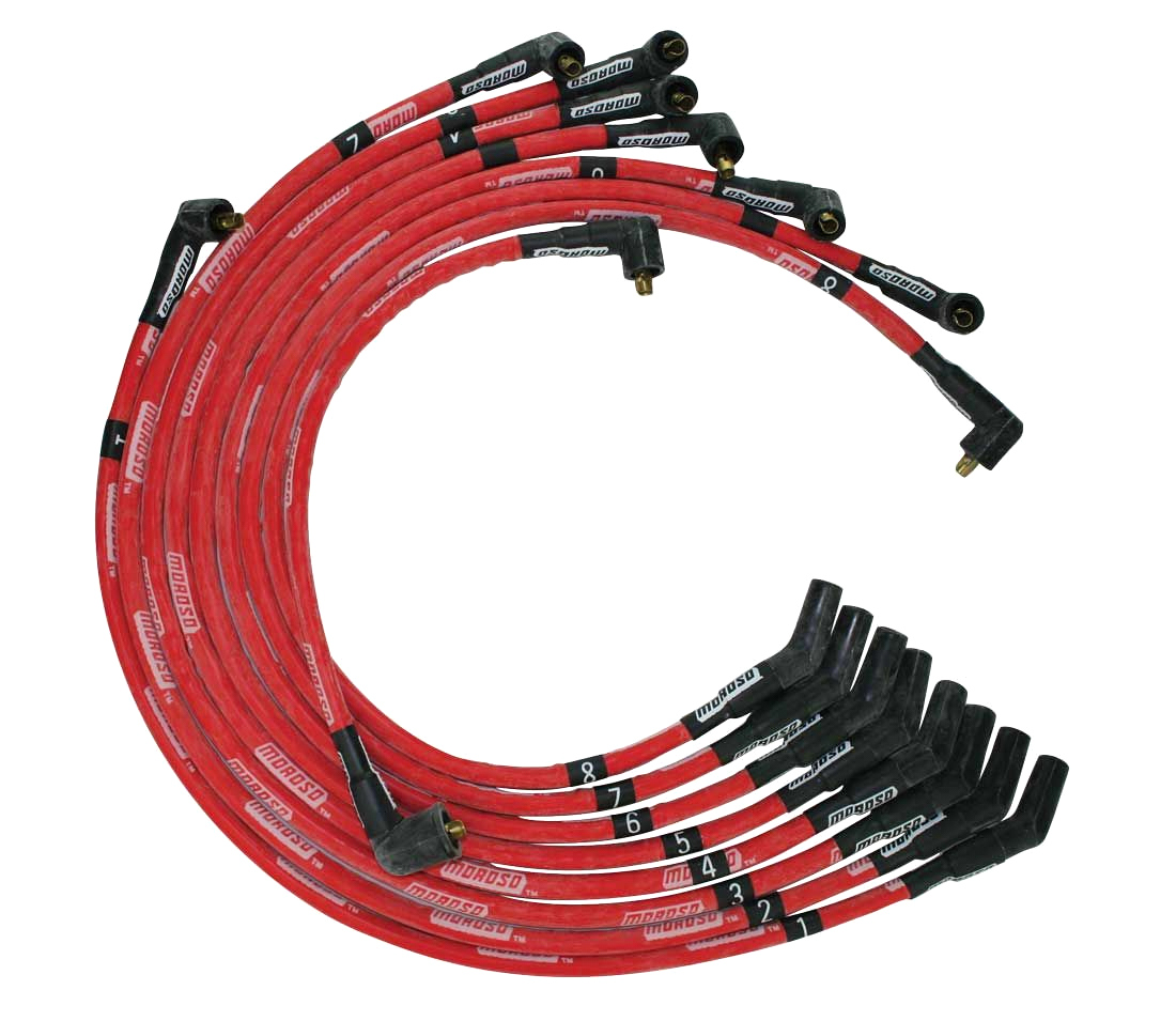 Moroso 52575 Spark Plug Wire Set, Ultra, Spiral Core, 8 mm, Sleeved, Red, 135 Degree Plug Boots, Socket Style, Big Block Ford, Kit