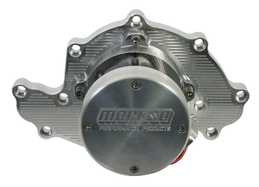 Moroso 63585 Water Pump, Electric, High Flow, Lightweight, 16 AN Female Inlet Port, 4.620 in Height, Billet Aluminum, Clear Anodized, Small Block Ford, Kit