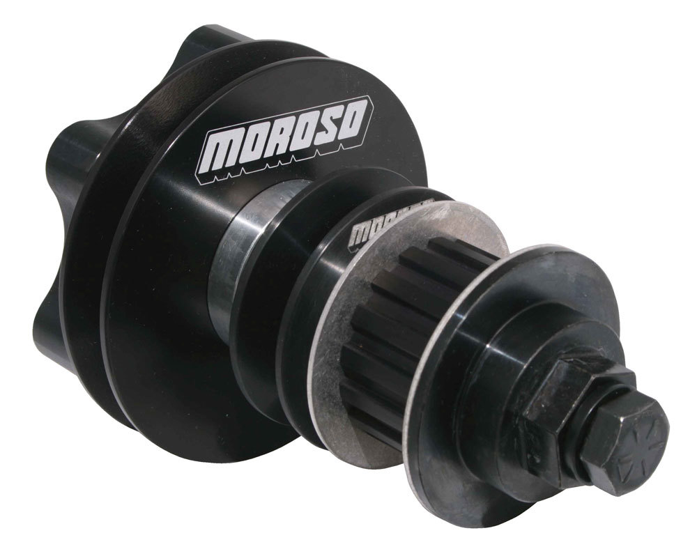 Moroso 63849 - Crank Mandrel Drive Kit, 4 in Long Mandrel, Gilmer / V Belt Pulleys, Aluminum, Black Anodized / Oxide, Big Block Chevy, Kit