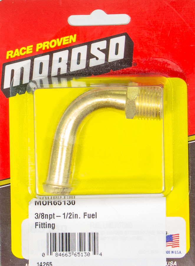 Moroso 65130 Fitting, Adapter, 90 Degree, 3/8 in NPT Male to 1/2 in Hose Barb, Brass, Each