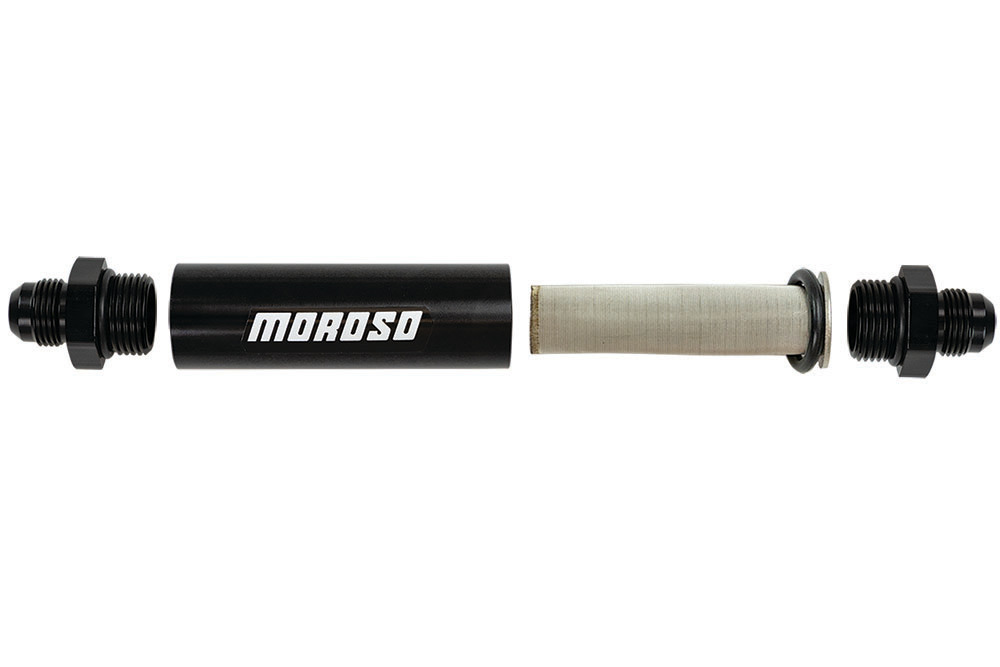 Moroso 65234 Fuel Filter, In-Line, 40 Micron, Stainless Element, 10 AN Male O-Ring Inlet, 10 AN Male O-Ring Outlet, Aluminum, Black Anodized, Each