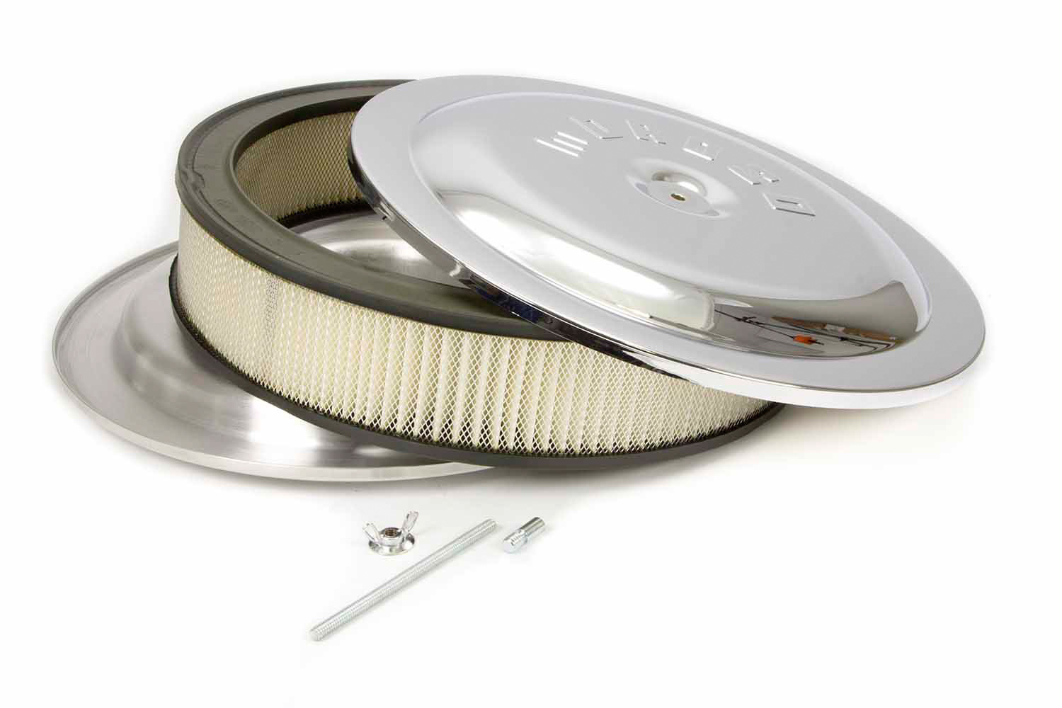 Moroso 65913 Air Cleaner Assembly, 14 in Round, 3 in Element, 5-1/8 in Carb Flange, Raised Base, Aluminum, Chrome, Kit