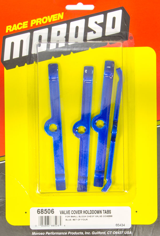 Moroso 68506 Valve Cover Hold Down Tabs, Steel, Blue Powder Coat, Small Block Chevy / V6, Set of 4