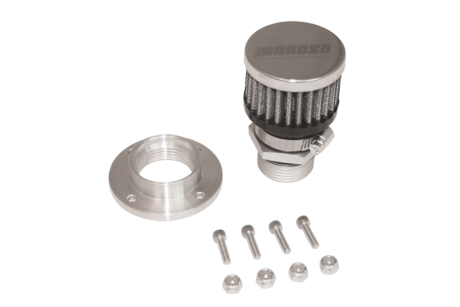 Moroso 68854 Breather, Bolt-On, Round, 1 in Threaded Bung, Clamp-On Filter, Bung / Hardware Included, Moroso Logo, Kit