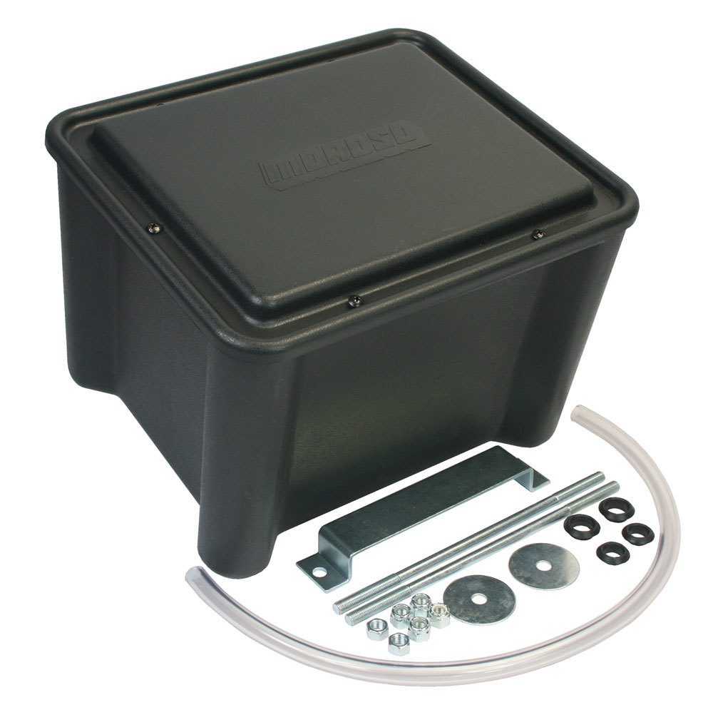Moroso 74051 Battery Box, Sealed, 13-1/8 x 11-1/8 x 11-1/8 in, Top or Side Post, Plastic, Black, Kit