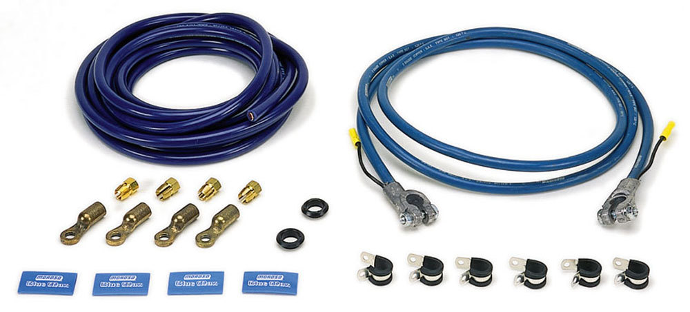 Moroso 74055 Battery Cable, 2 Gauge, 20 ft, 4 Terminals, 8 ft 2 Top Post Terminals, Clamps / Grommets / Shrink Sleeves Included, Copper, Blue, Kit