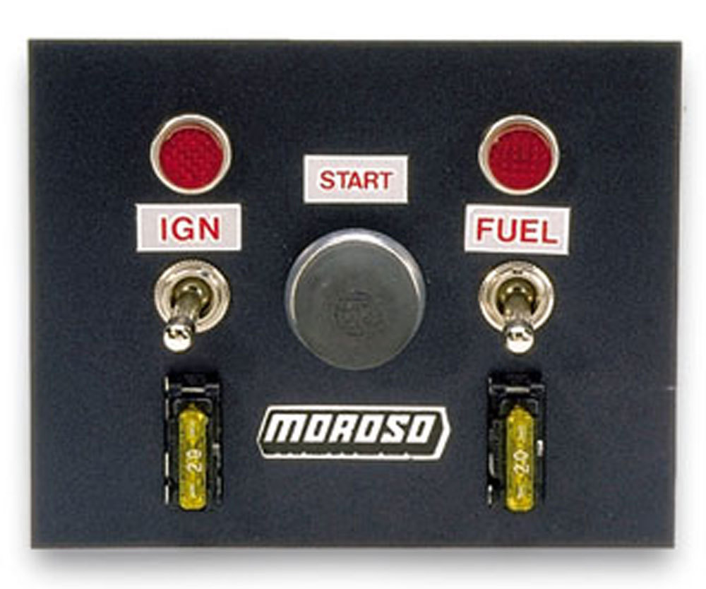 Moroso 74130 Switch Panel, Dash Mount, 4 x 5 in, 2 Toggles / 1 Momentary Button, Indicator Lights, Aluminum, Black Anodized, Kit