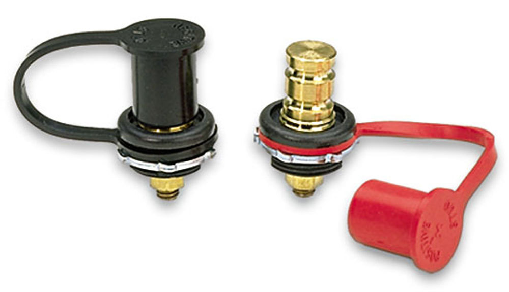 Moroso 74140 Remote Battery Terminal, 6V to 36V, 1-9/32 in Diameter Hole, 3/8-16 in Stud, Brass, Rubber Cap, Black / Red, Pair
