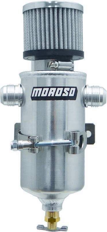 Moroso 85469 Breather Tank, 3-1/8 in Diameter x 11-1/2 in Tall, Two 12 AN Male Inlets, Petcock Drain, T-Bolt Mounting Clamp, Breather Included, Aluminum, Natural, Each