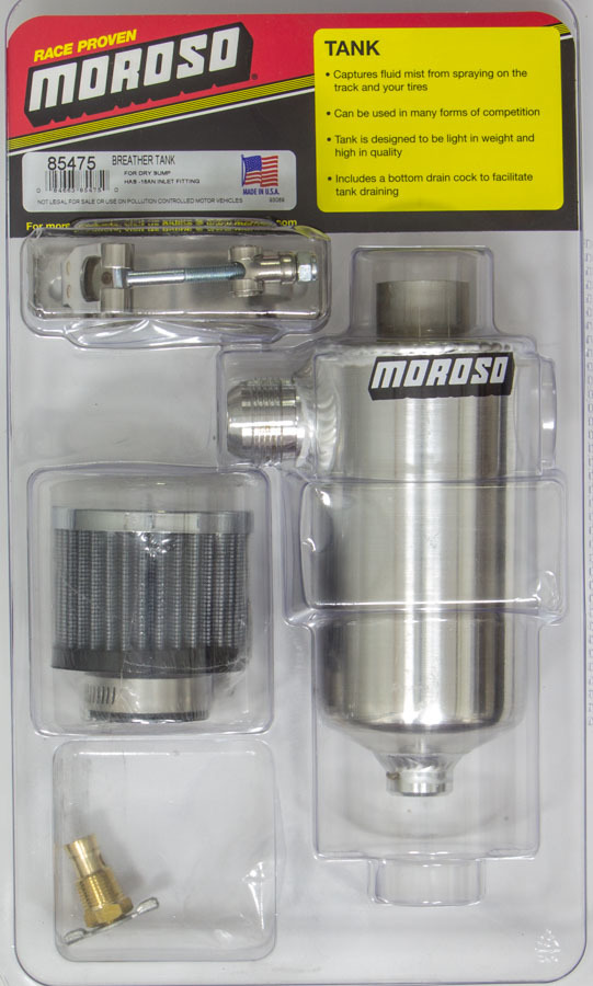 Moroso 85475 Breather Tank, 3-1/8 in Diameter x 11-1/2 in Tall, 16 AN Male Inlet, Petcock Drain, T-Bolt Mounting Clamp, Breather Included, Aluminum, Natural, Each