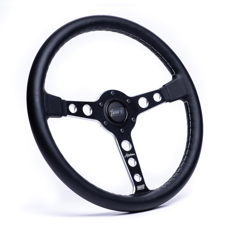 MPI USA MPI-ATDR-70BSPM Steering Wheel, Autodromo, 14 in Diameter, 25 mm Dish, 3-Spoke, Black Leather Grip, Aluminum, Black Anodized, Each
