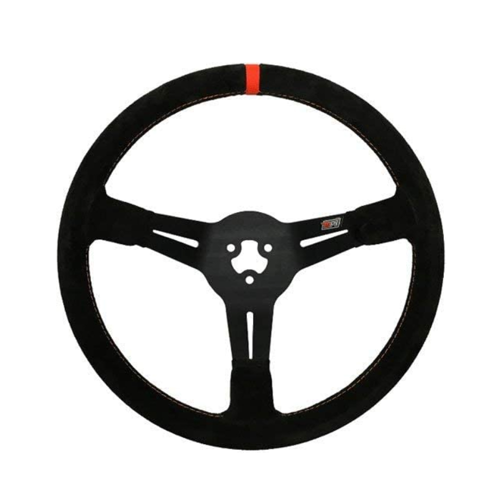 MPI USA MPI-BL-14-A Steering Wheel, Bandolero / Legends, 13-3/4 in Diameter, 3-1/2 in Dish, 3-Spoke, Black Suede Grip, Orange Stripe, Aluminum, Black Anodized, Each