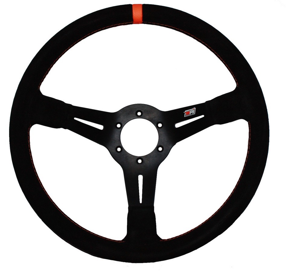 MPI USA MPI-DO-14-A Steering Wheel, Drifting / Track Day / Dirt / Off Road, 13-3/4 in Diameter, 3-1/2 in Dish, 3-Spoke, Black Suede Grip, Orange Stripe, Aluminum, Black Anodized, Each
