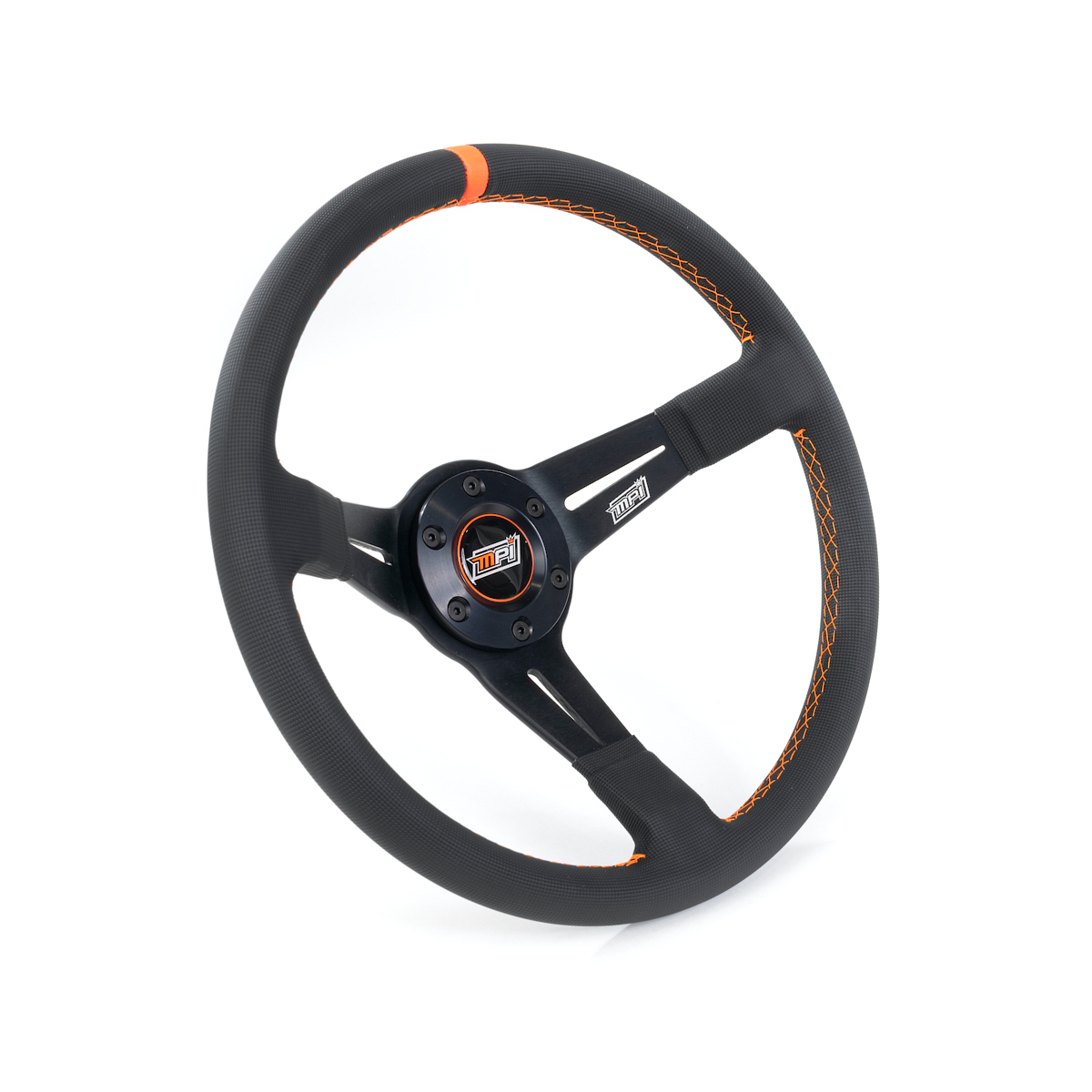 MPI USA MPI-DO-14-C-PX Steering Wheel, Offroad, 14 in Diameter, 3-1/4 in Dish, 3-Spoke, Black Synthetic Grip, Orange Stripe, Aluminum, Black Anodized, Each