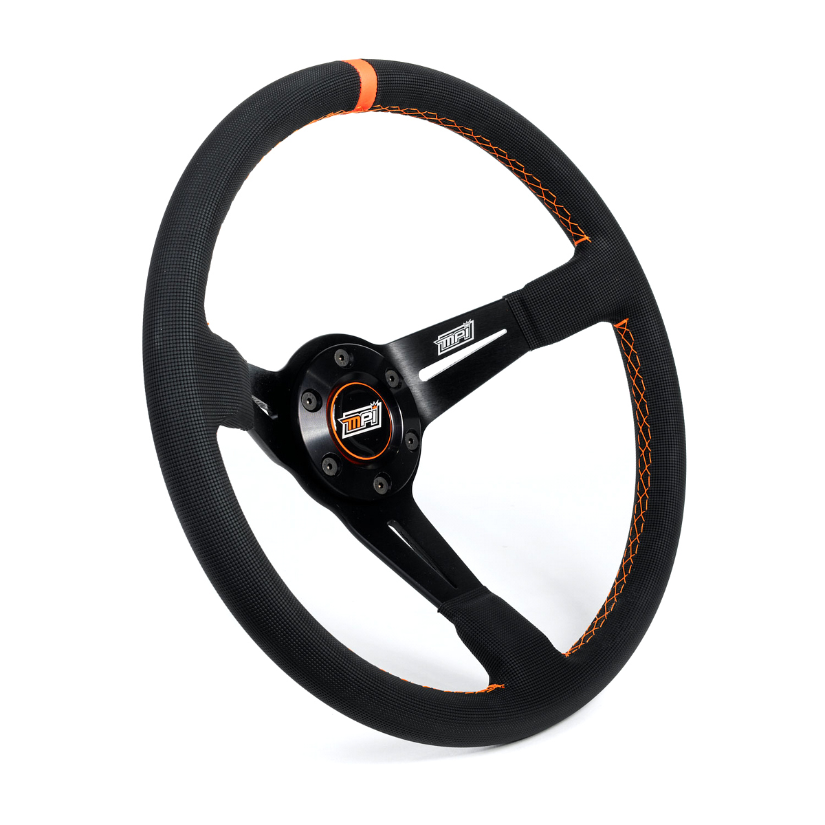 MPI USA MPI-DO-H60-PX Steering Wheel, Drift, 14 in Diameter, 2.36 in Dish, 3-Spoke, Black Synthetic Grip, Orange Stripe, Aluminum, Black Anodized, Each