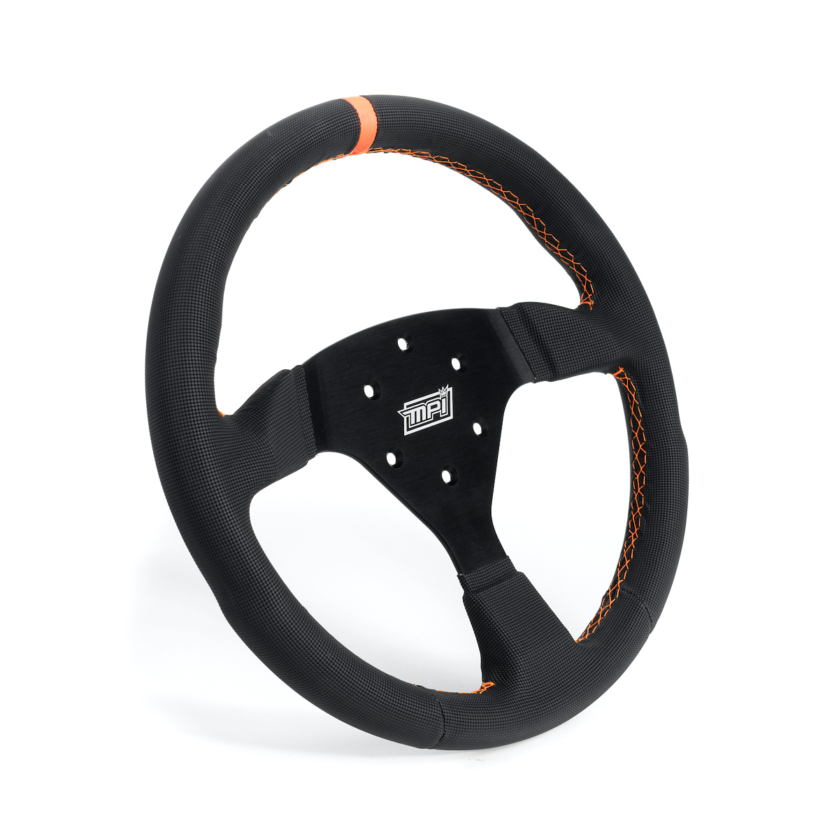MPI USA MPI-F2-13-PX Steering Wheel, Track Day, 13 in Diameter, 1-1/4 in Dish, 3-Spoke, Black Synthetic Grip, Orange Stripe, Aluminum, Black Anodized, Each