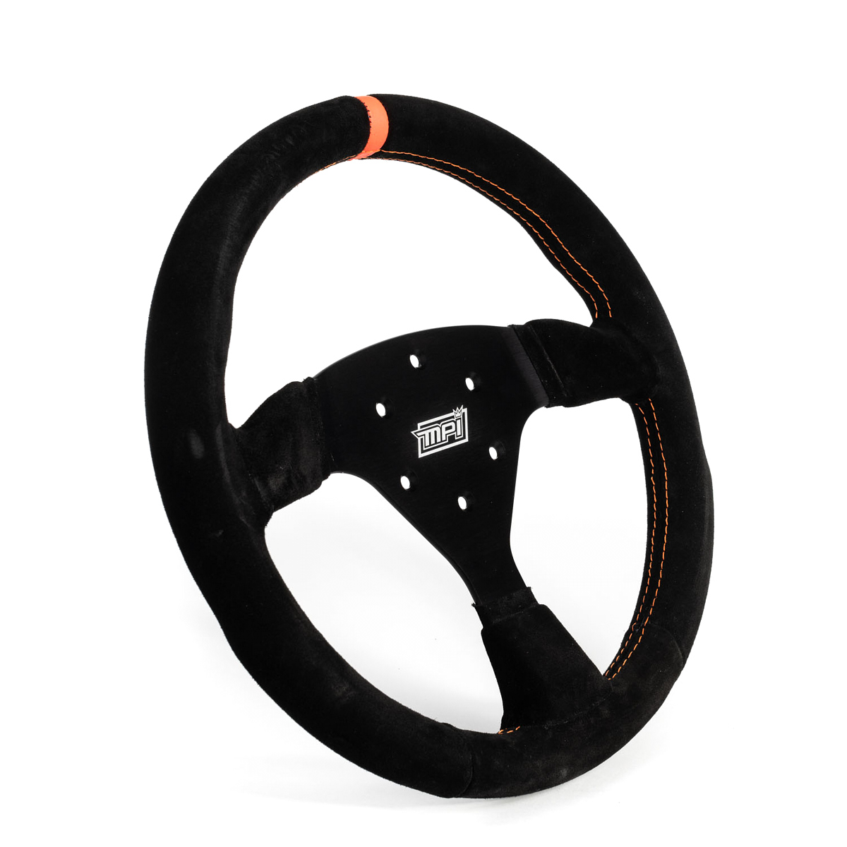 MPI USA MPI-F2-13 Steering Wheel, Track Day, 13 in Diameter, 1-1/4 in Dish, 3-Spoke, Black Suede Grip, Orange Stripe, Aluminum, Black Anodized, Each