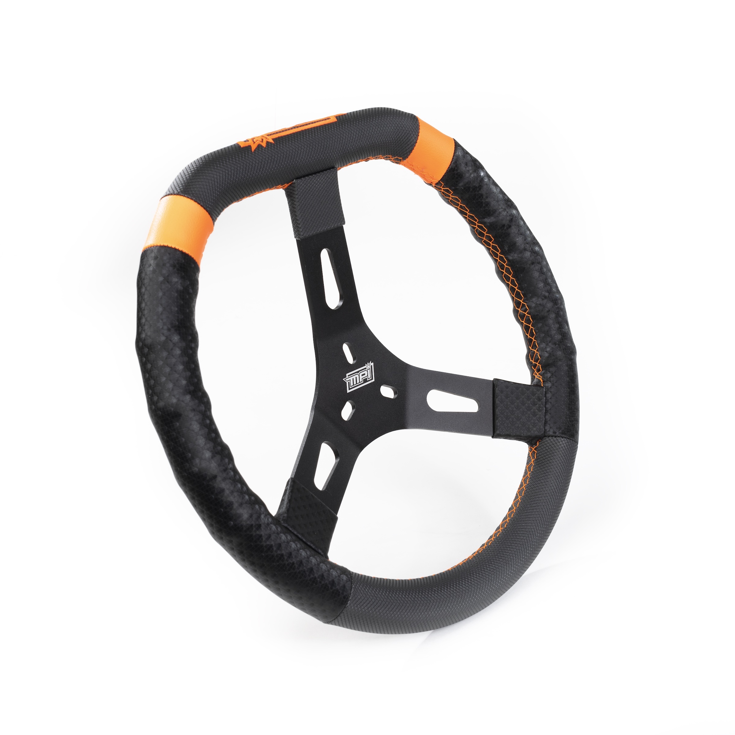 MPI USA MPI-KD-13 Steering Wheel, Dirt Karting, 12-3/4 in Diameter, 2 in Dish, 3-Spoke, Synthetic Grip, Orange Stripes, Aluminum, Each