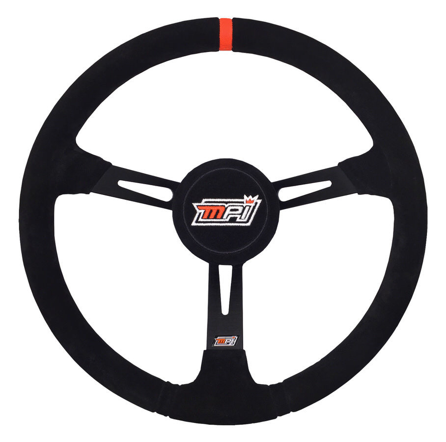 MPI USA MPI-LM-15-A Steering Wheel, Late Model, 15 in Diameter, 3-1/4 in Dish, 3-Spoke, Black Suede Grip, Orange Stripe, Center Pad Included, Aluminum, Black Anodized, Each