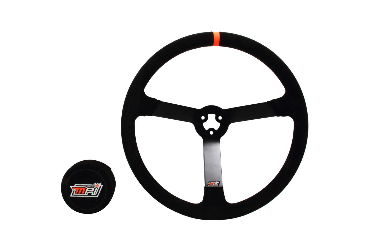 MPI USA MPI-LM-15 Steering Wheel, Late Model, 15 in Diameter, 3-1/4 in Dish, 3-Spoke, Black Suede Grip, Orange Stripe, Steel, Black Powder Coat, Each