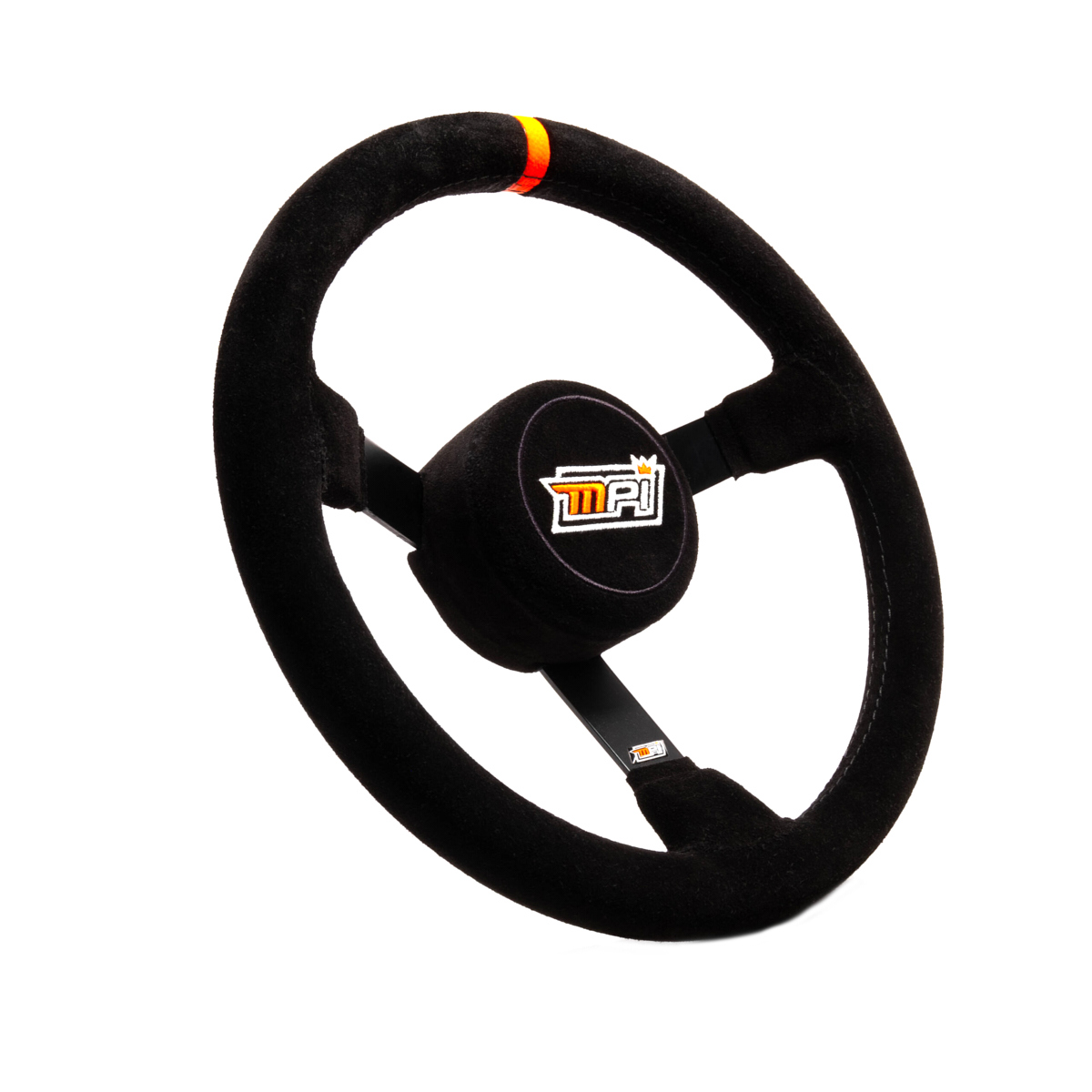 MPI USA MPI-MP-13 Steering Wheel, Stock Car, 13 in Diameter, 3 in Dish, 3-Spoke, Black Suede Grip, Orange Stripe, Steel, Black Anodized, Each