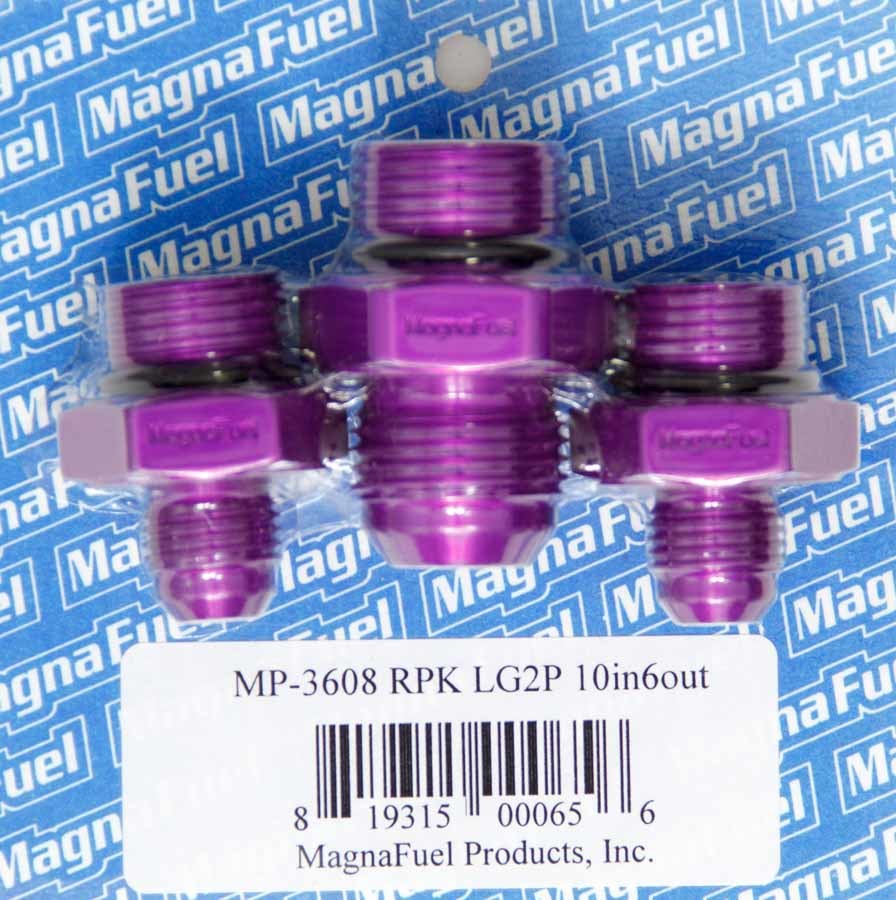 Magnafuel MP-3608 Regulator Fitting Kit, One 10 AN Male Fittings, Two 6 AN Male Fittings, Aluminum, Purple Anodized, Magnafuel 2 Port Regulators, Kit