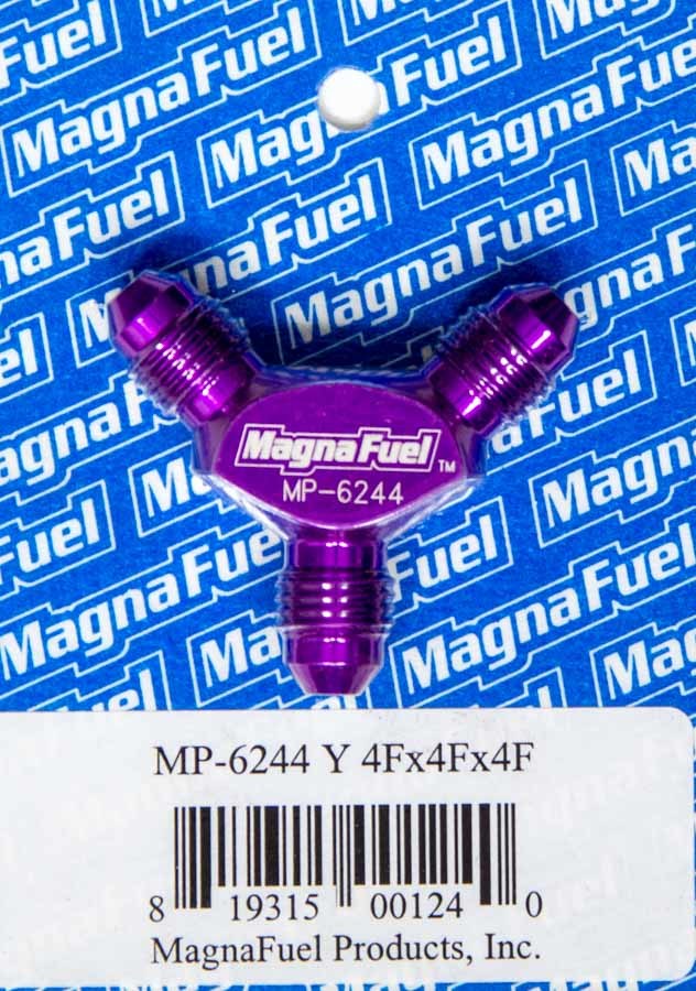 Magnafuel MP-6244 Fitting, Y Block, 4 AN Male Inlet, Dual 4 AN Male Outlets, Aluminum, Purple Anodized, Each