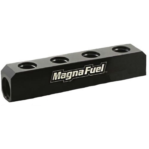 Magnafuel MP-7600-04-BLK Fuel Block, 6 AN Female O-Ring Ports, Aluminum, Black Anodized, Each
