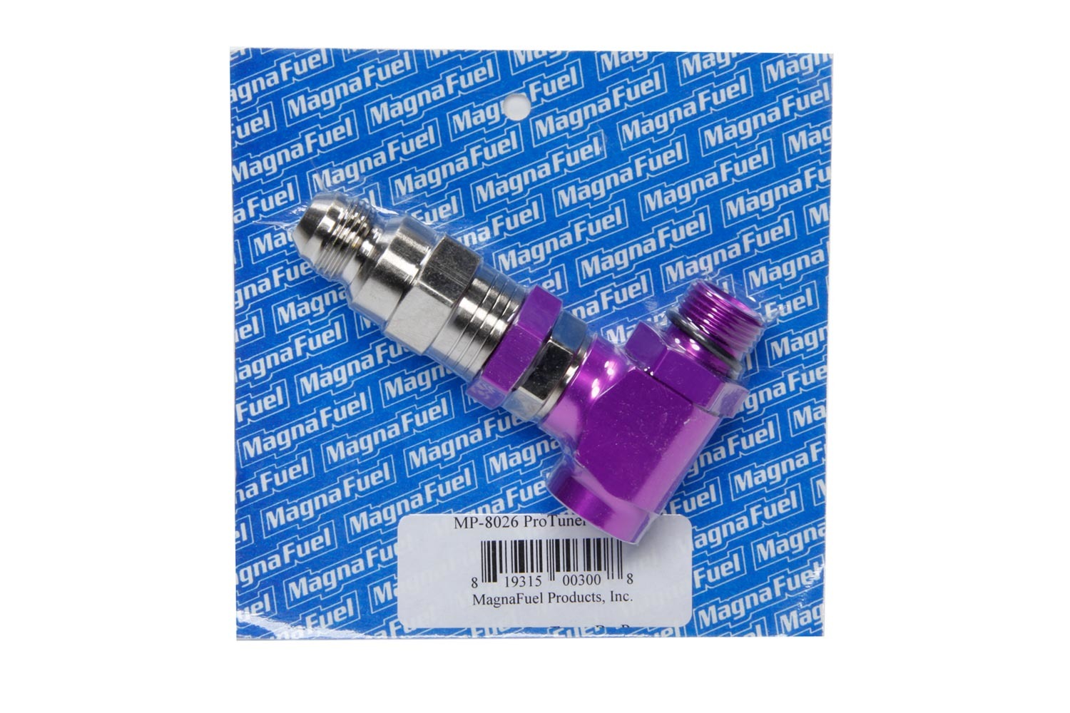 Magnafuel MP-8026 Fuel Bypass Valve, Adjustable, 18 to 35 psi, 8 AN O-Ring Male Inlet, 8 AN Female O-Ring Outlet, 8 AN O-Ring Male Return, Aluminum, Purple Anodized / Zinc Anodized, Each