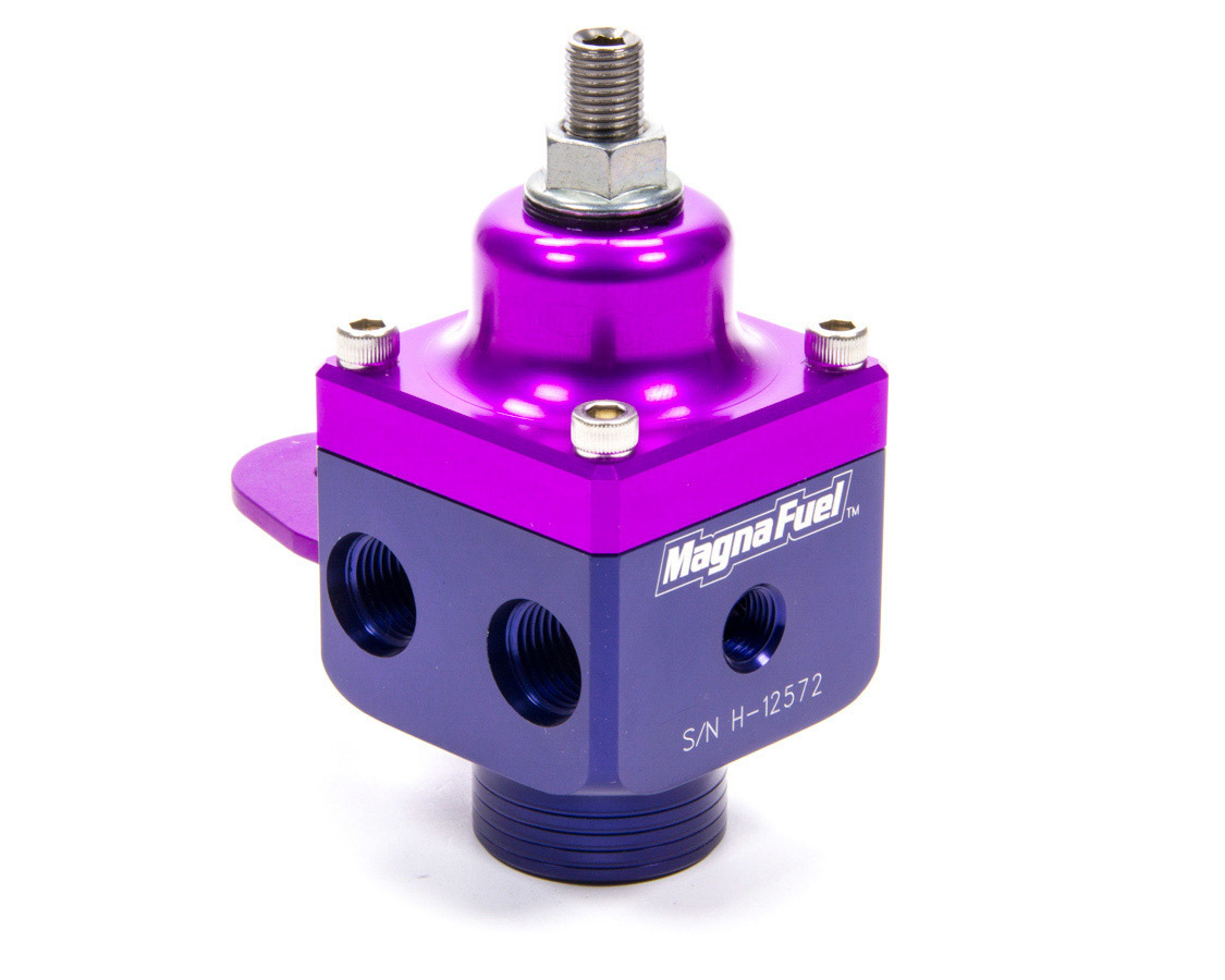 Magnafuel MP-9433 Fuel Pressure Regulator, 4 Port, 4 to 12 psi, In-Line, 10 AN O-Ring Inlet, Four 6 AN O-Ring Outlets, 1/8 in NPT Port, Aluminum, Blue / Purple Anodized, E85 / Gas / Methanol, Each