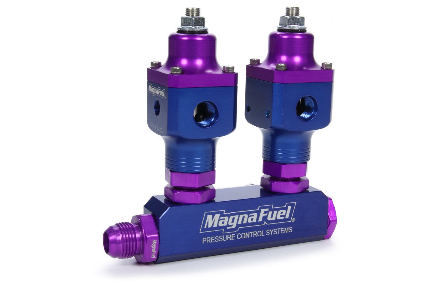 Magnafuel MP-9540 Nitrous Oxide Fuel Pressure Regulator Kit, Two Regulators, Fuel Block, Aluminum, Blue / Purple Anodized, Single 4-Barrel Carbs, Kit