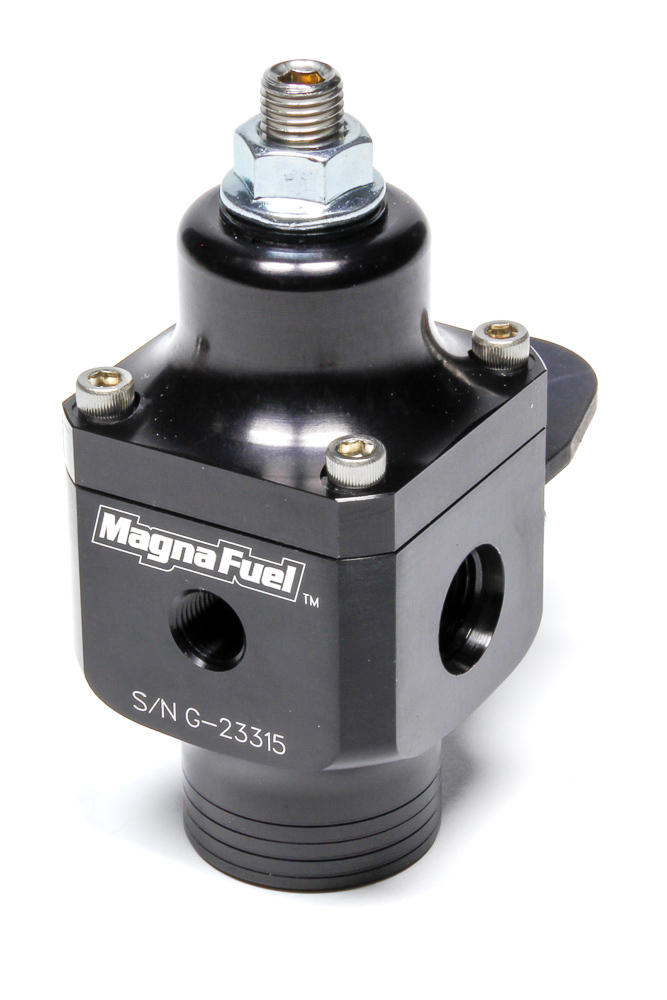 Magnafuel MP-9633-BLK Fuel Pressure Regulator, 4 to 12 psi, In-Line, 10 AN O-Ring Inlet, Dual 6 AN O-Ring Outlets, 1/8 in NPT Port, Aluminum, Black Anodized, E85 / Gas / Methanol, Each