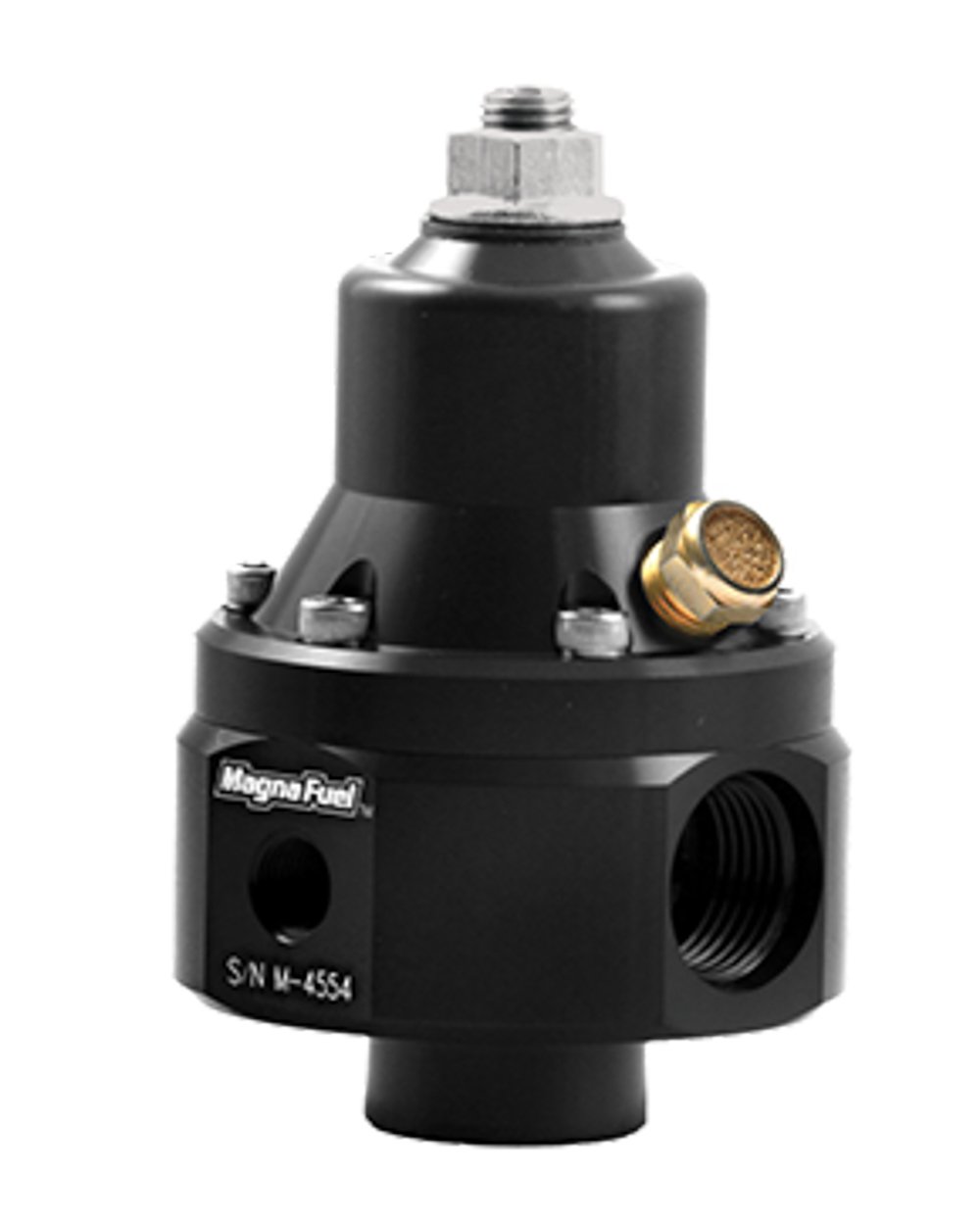 Magnafuel MP-9950-BLK Fuel Pressure Regulator, ProStar EFI, 35 to 85 psi, In-Line, 8 AN O-Ring Inlets, 8 AN O-Ring Outlet, 8 AN O-Ring Return, Bypass, 1/8 in NPT, Aluminum, Black Anodized, E85 / Gas / Methanol / Each