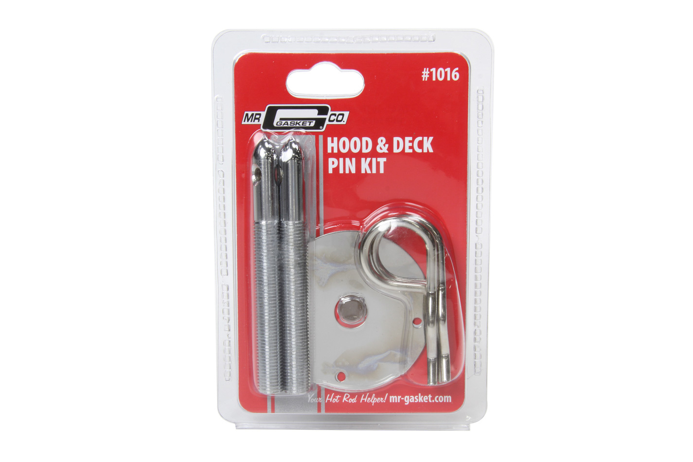 Mr. Gasket 1016 Hood Pin, Hood Pin Kits, 7/16 in OD x 4 in Long, 2-1/2 in OD Scuff Plates, Hairpin Clips, Hardware Included, Steel, Chrome, Kit