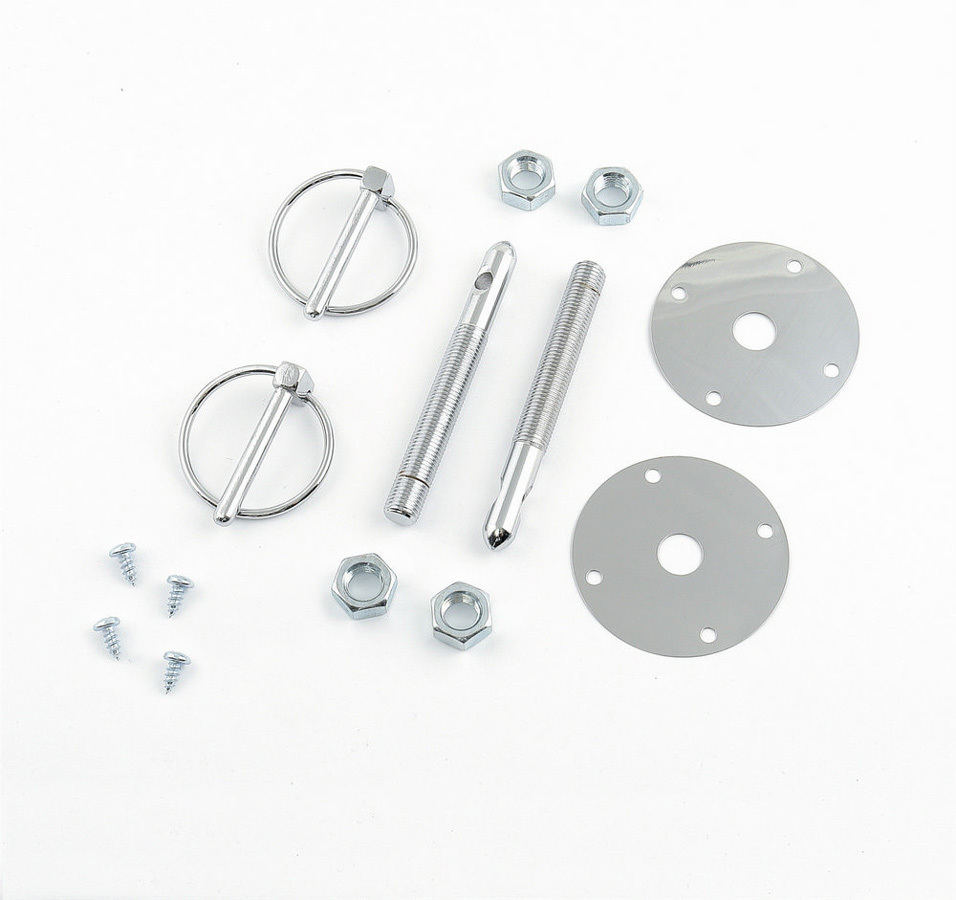 Mr. Gasket 1017 Hood Pin, Hood & Deck Pinning Kits, 7/16 in OD x 4 in Long, 2-1/2 in OD Scuff Plates, Torsion Clips, Hardware Included, Steel, Chrome, Kit