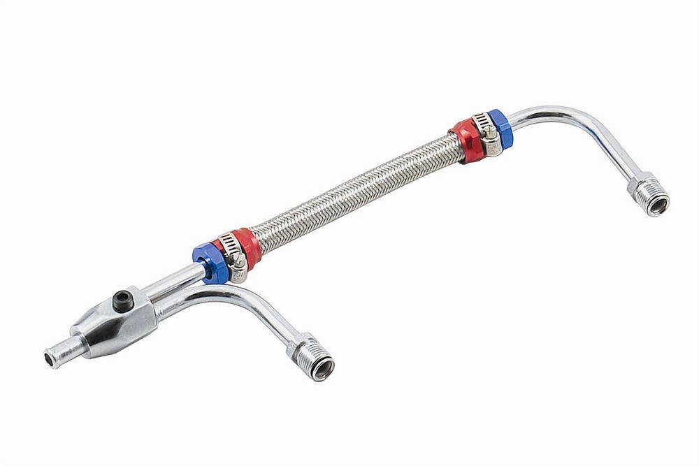 Mr. Gasket 1556G Carburetor Fuel Line, 3/8 in Hose Barb Inlet, 5/8-18 in Dual Outlets, Adjustable, Braided Stainless, Chrome / Blue / Red, Holley 4150 / 4160, Kit