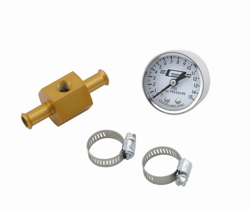 Mr. Gasket 1560 Fuel Pressure Gauge, 0-15 psi, Mechanical, Analog, 1-1/2 in Diameter, 1/8 in NPT Port, Adapter Fitting, White Face, Kit