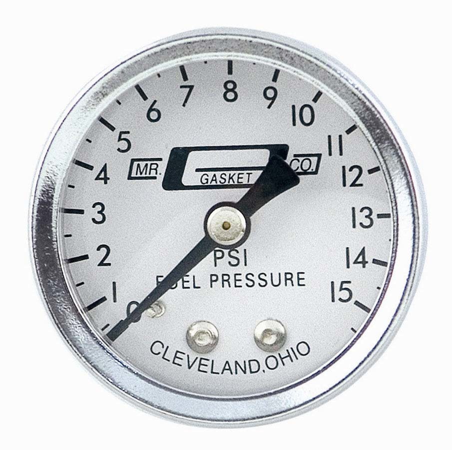 Mr. Gasket 1561 Fuel Pressure Gauge, 0-15 psi, Mechanical, Analog, 1-1/2 in Diameter, 1/8 in NPT Port, White Face, Each