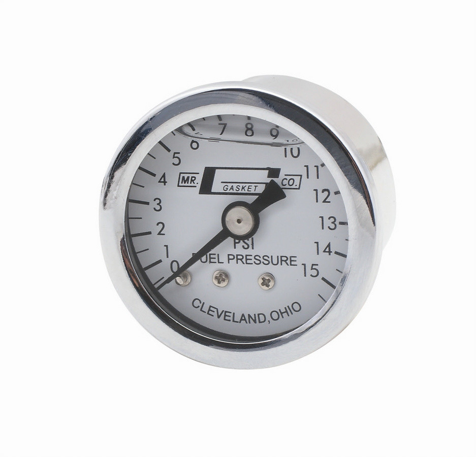 Mr. Gasket 1563 Fuel Pressure Gauge, 0-15 psi, Mechanical, Analog, 1-1/2 in Diameter, Liquid Filled, 1/8 in NPT Port, White Face, Each