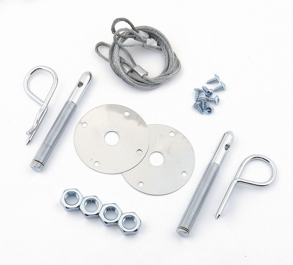 Mr. Gasket 1616 Hood Pin, Hood or Deck Pin Kit, Competition, 7/16 in OD x 4 in Long, 2-1/2 in OD Scuff Plates, Hairpin Clips, Lanyards, Hardware Included, Steel, Chrome, Kit